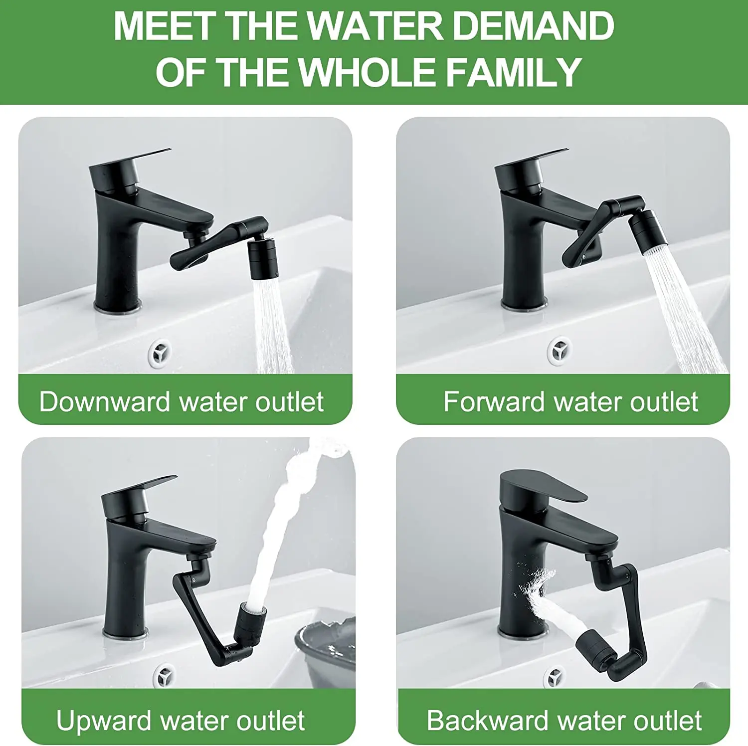 Universal 1440 Degree Rotatable Extension Faucet Sprayer Head 2 Modes Bathroom Tap Extend Adapter Aerator Faucet Extender Black 5