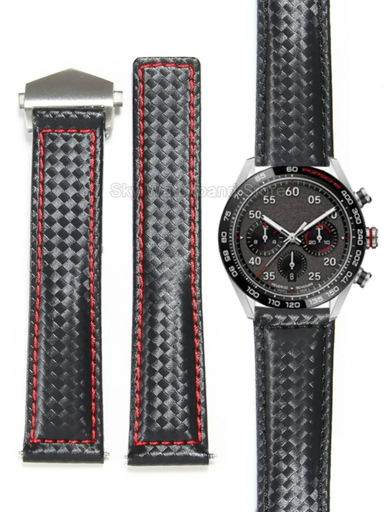 Premium Black Carbon Fiber Genuine Leather Watchband - Soft, Breathable, Lightweight, and Comfortable