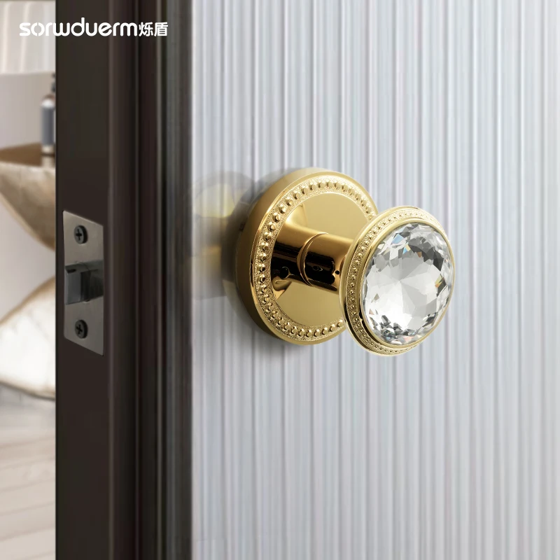 French spherical door lock, aluminum alloy rotating channel lock, keyless gold crystal handle, bedroom and living room
