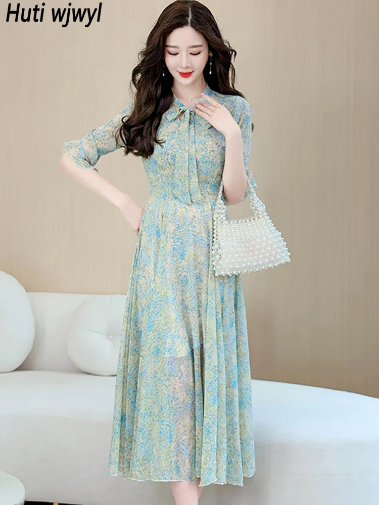 

Summer Fashion Print Chiffon Casual Beach Dress Women Bow Collar Chic Prom Night Midi Dress 2023 Elegant Luxury Party Maxi Dress