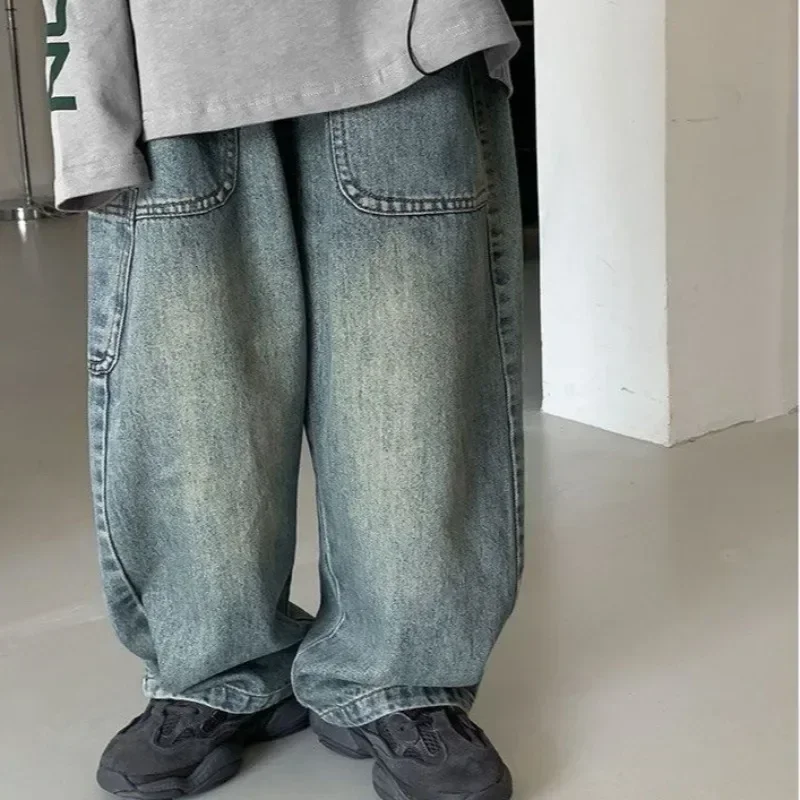 Children's Retro Jeans Loose Straight Pants Wide Leg Pants for Boys and Girls 2025 New Spring Autumn Kid's Denim Pocket Trousers 2