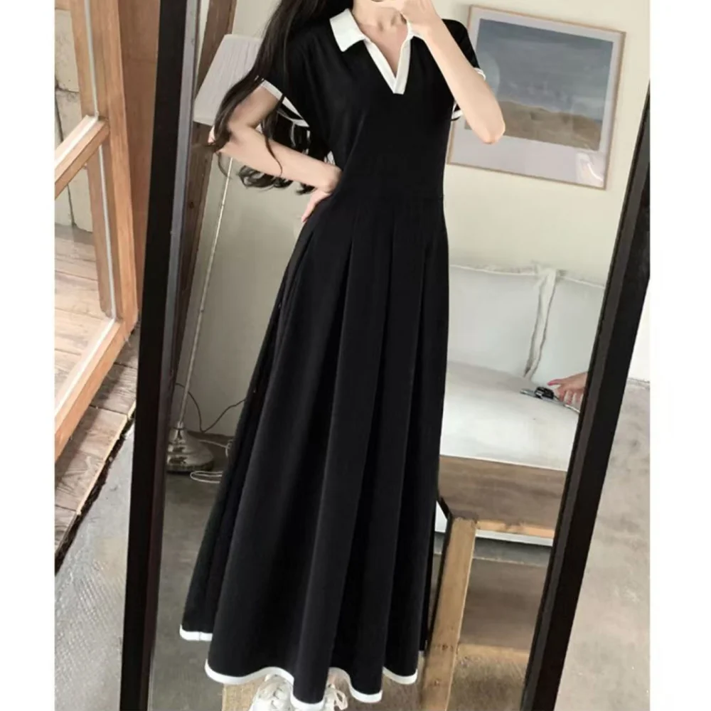 New In 2025 Summer Plus Size Short Sleeve Maternity Dress Loose Matching Patchwork Lady's Black Dress Korean Chic Elegant Dress