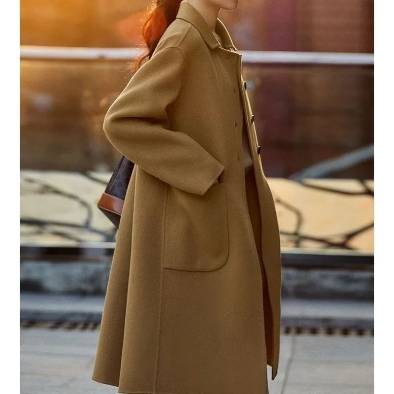 Women's Reversible Cashmere Coat, Long Loose Casual Woolen Outwear, Temperament Fashion, All-Matching, Autumn, Winter, New, 2024
