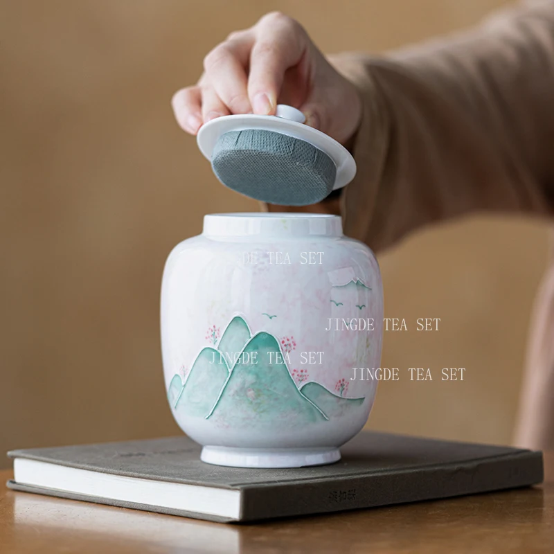 Ceramic Powder and Dai Hand-painted Remote Mountain Tea Sealed Jar Household Chinese Large Tea Moisture-proof Jar