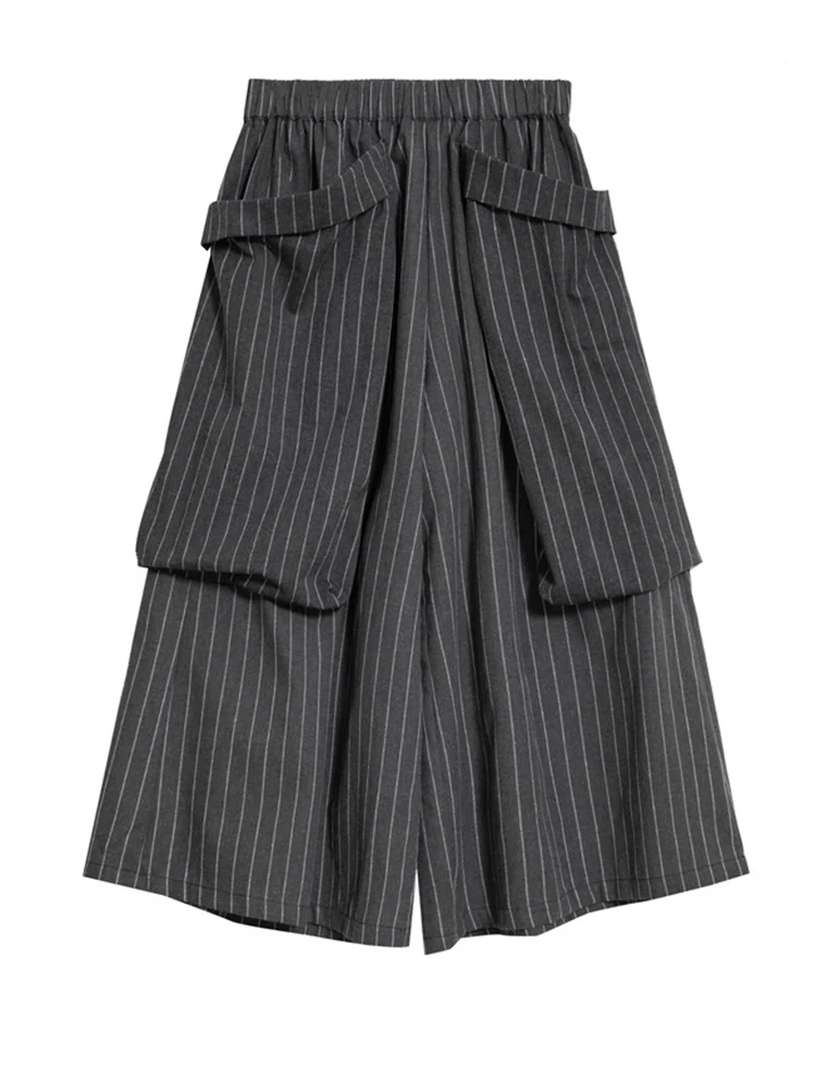 [EAM] High Elastic Waist Gray Striped Big Pocket Wide Leg Pants New Trousers Women Fashion Tide Spring Autumn 2026 1DJ7107