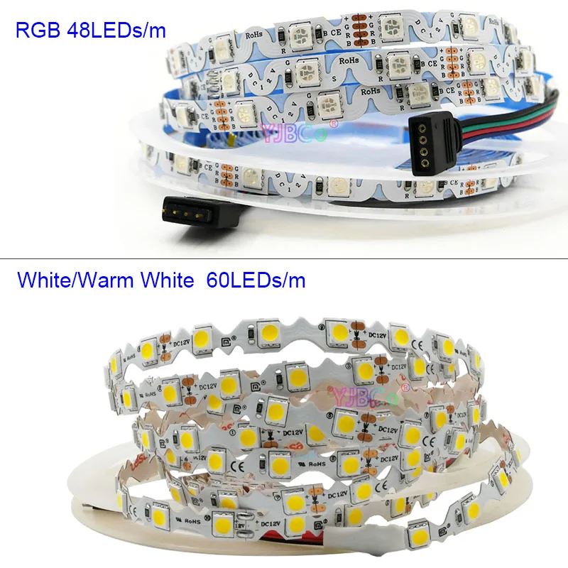 12V 5M S type bendable 48leds/m 60leds/m LED Strip Tape SMD 5050 RGB Light White/Warm White Flexible LED Bar Non waterproof IP20