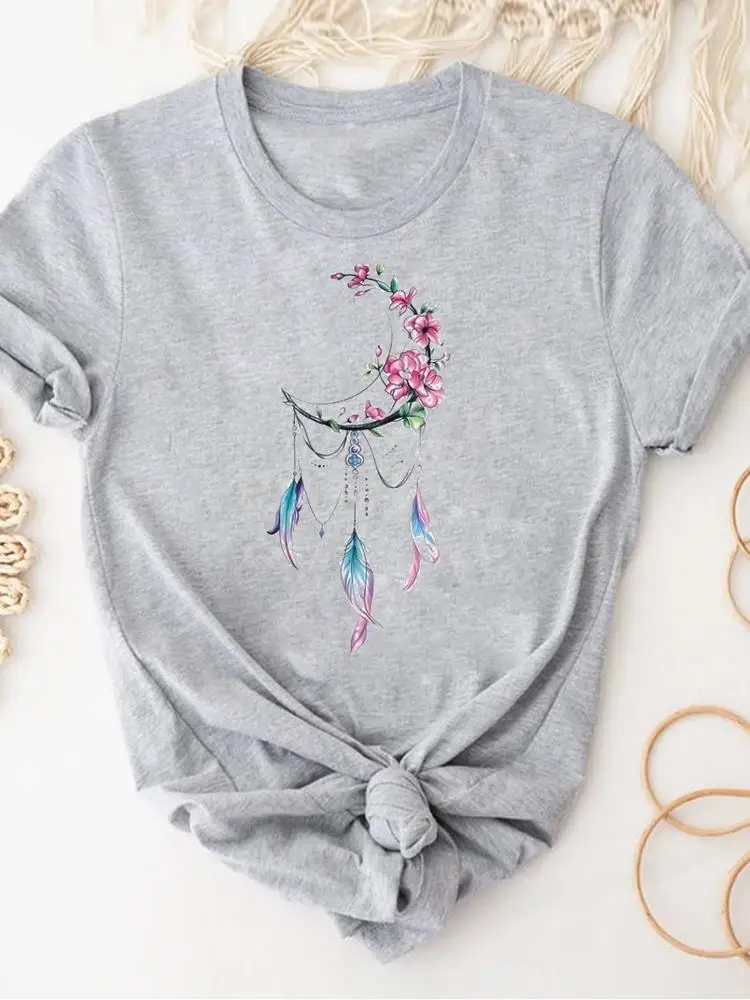 Women Clothing Print Gray T Shirt Short Sleeve Summer Top Plant Flower Trend Fashion Clothes Basic Tee Graphic T-shirt
