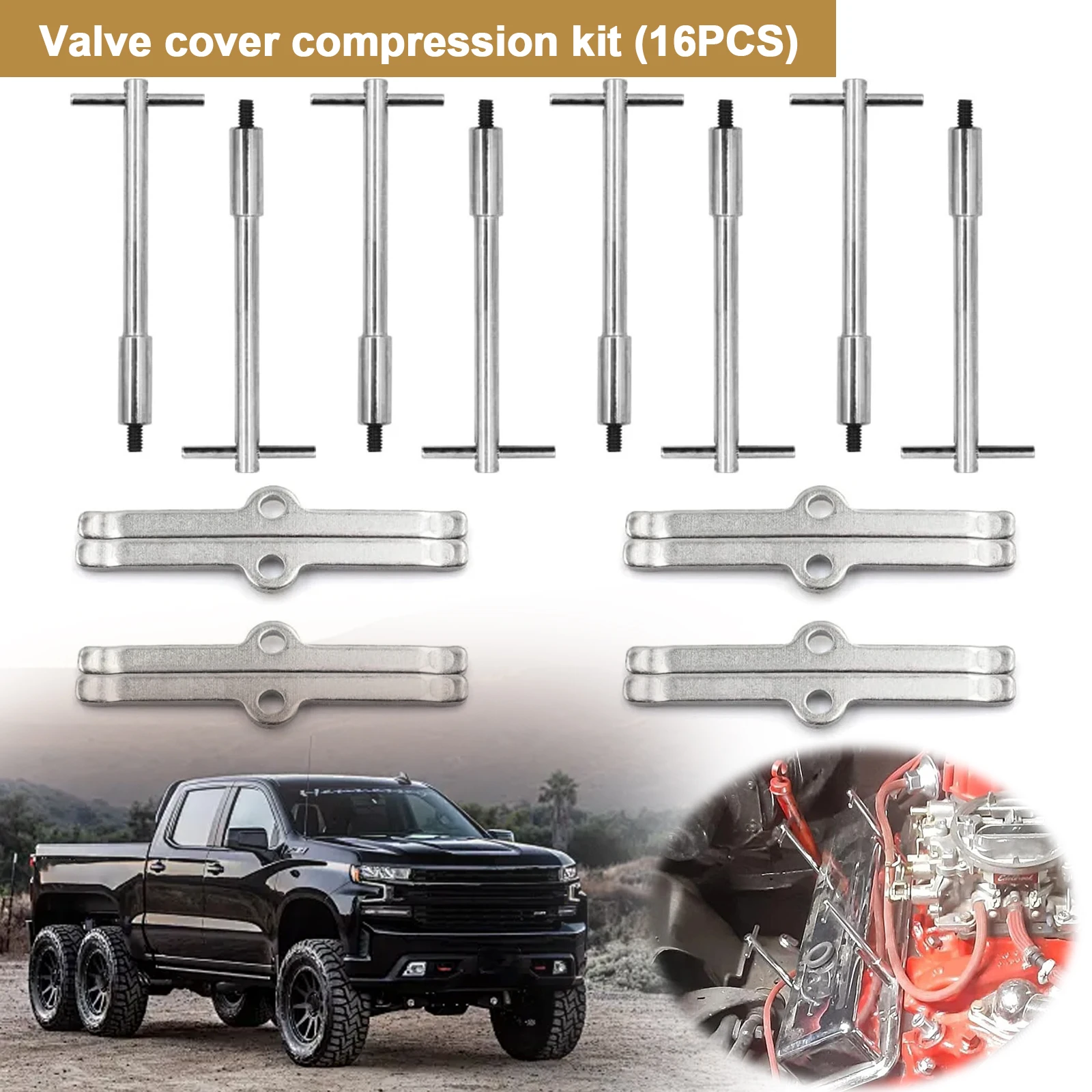 Chrome Tall T-Bar Valve Cover Hold Down Set Valve Cover T-Bar Set T-Bar Valve Cover Center Bolts for Chevy SBC 283 327 350