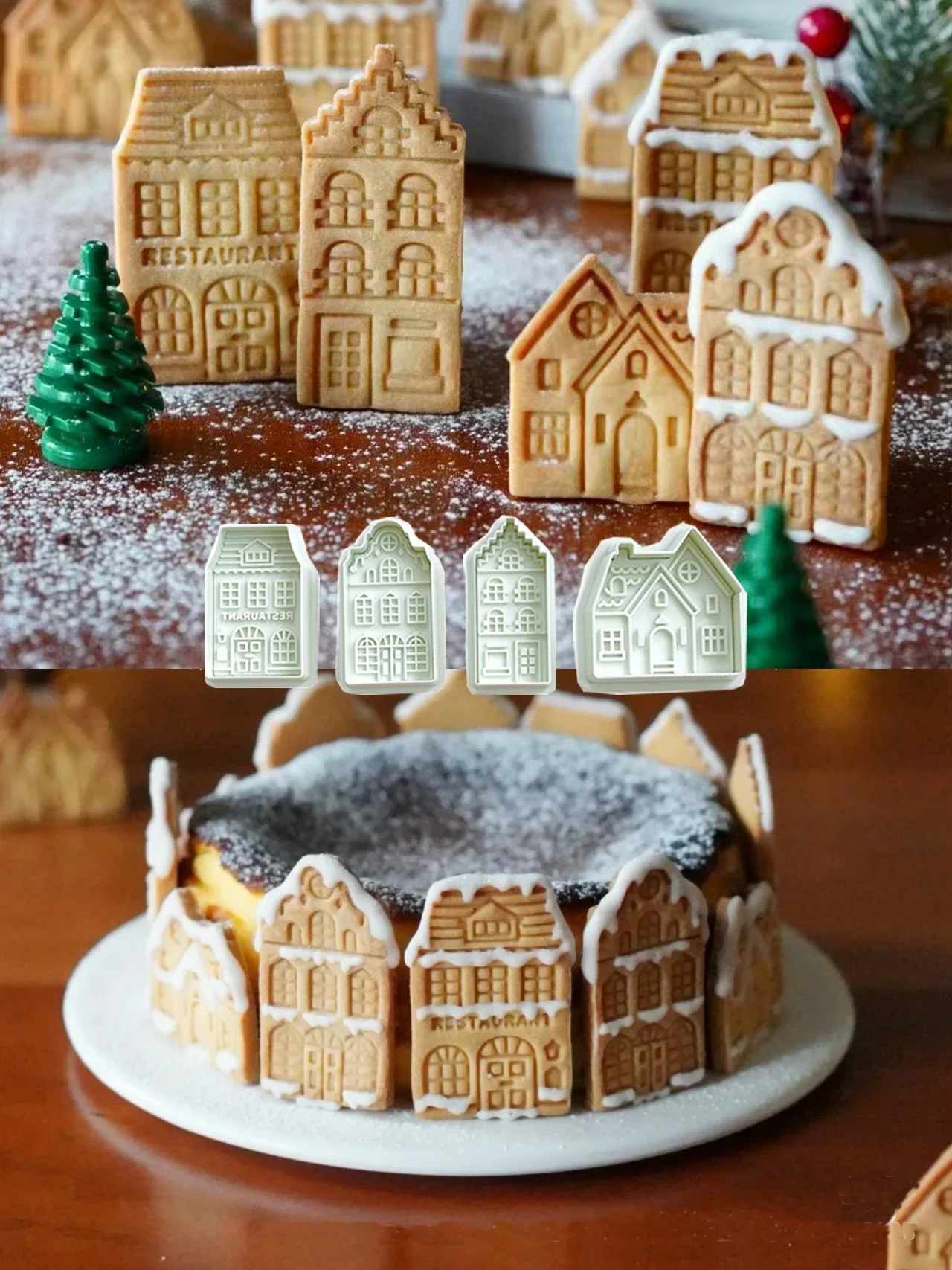 4Pcs Christmas Gingerbread House Pattern Cookie cutter Biscuit Stamp Fondant Cake Decoration Baking Accessories
