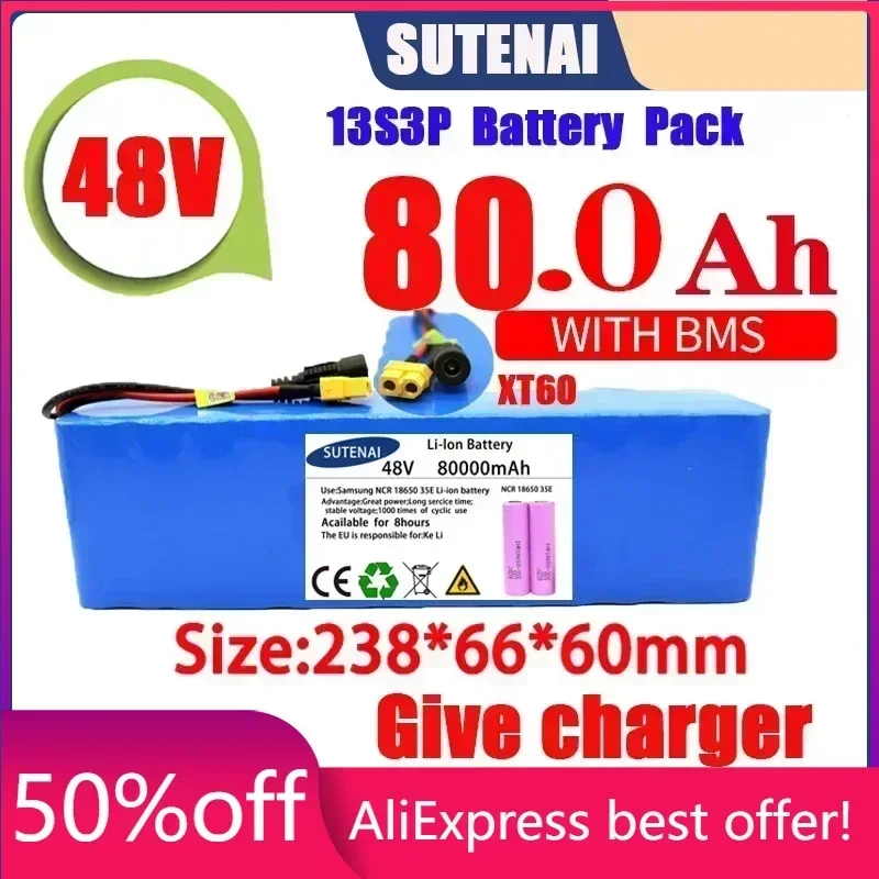 

Powerful 48V 120000mAh 1000w 13S3P XT60 120Ah Li-ion Battery for 54.6V Scooter Electric Bike with BMS Charger