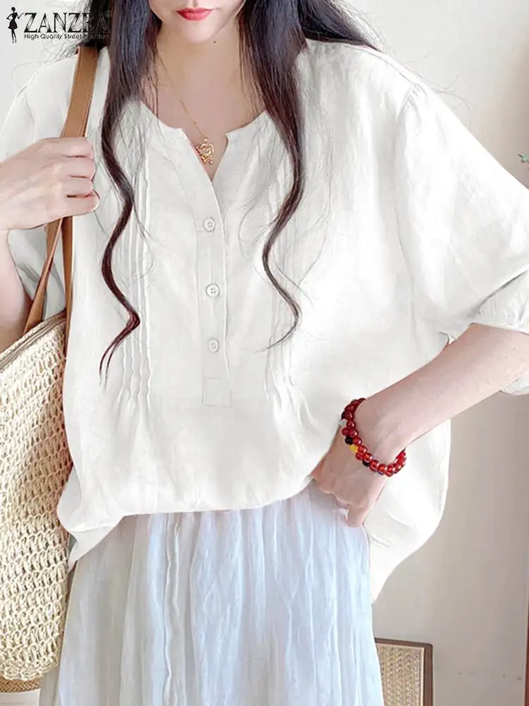 

Однотонная рубашка ZANZEA 3/4 с пышными рукавами, топы, плиссированные повседневные свободные хлопковые блузки с круглым вырезом, женские летние корейские модные блузки 2024