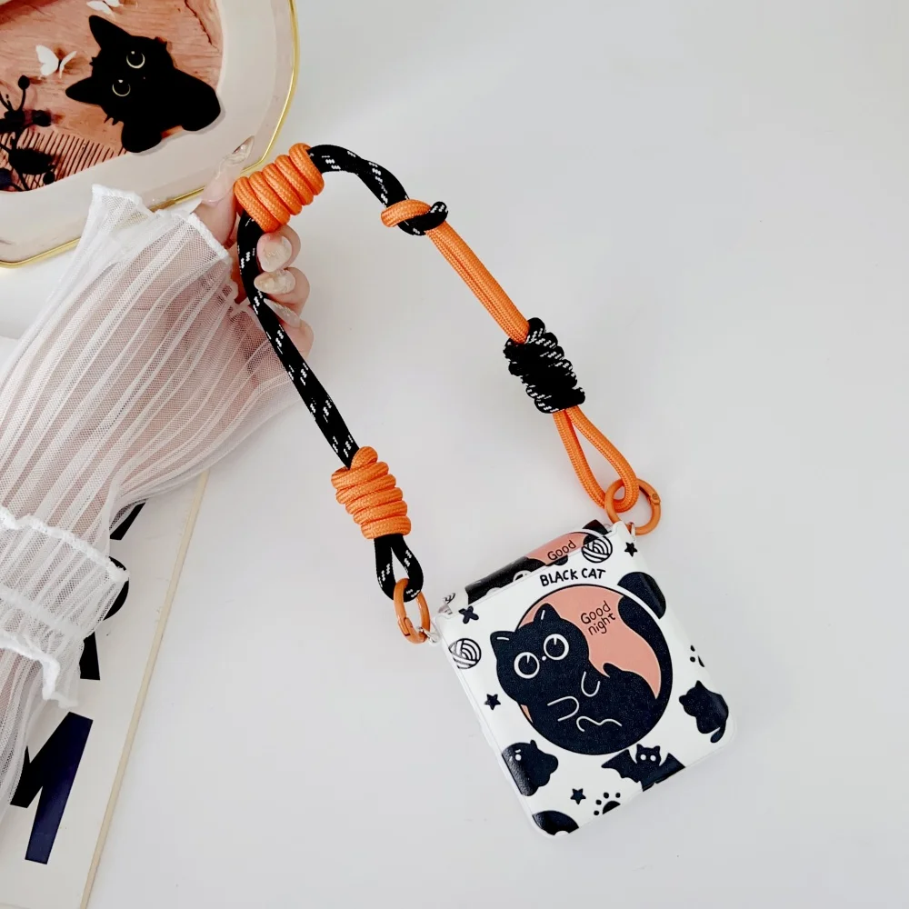 Charming Cartoon Black Cat Folding Phone Case with Wrist Strap and Lanyard Bracelet