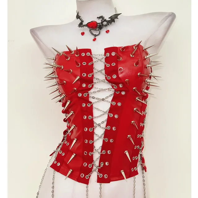 Red Lace Up Spikey Corset Top 1