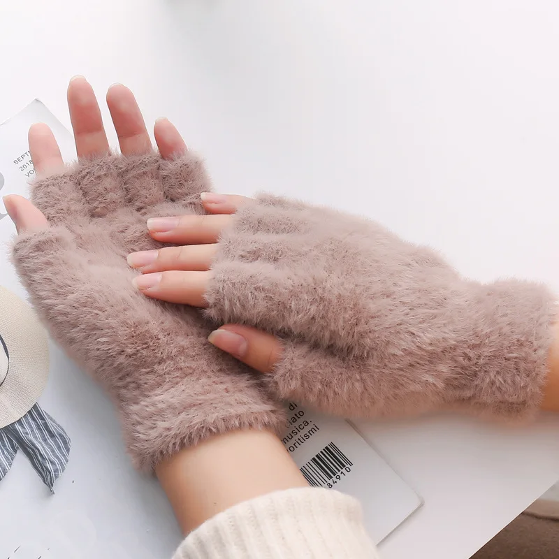 Winter Keep Warm Gloves Women Wool Plush Cute Mittens Adult Women Solid Color Half Finger Wrist Gloves