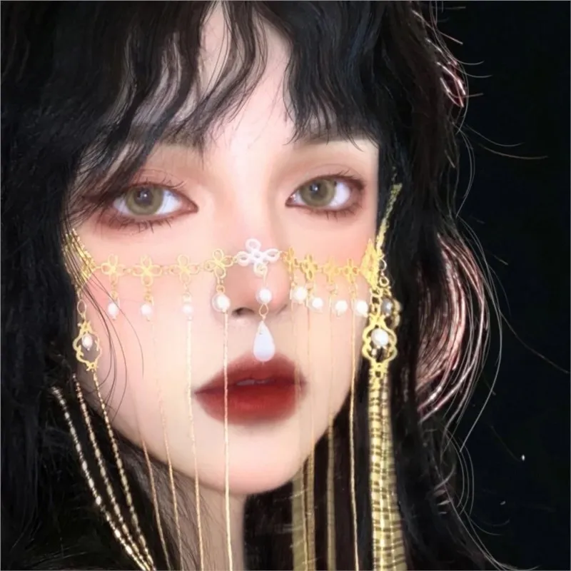 Hanfu Face Curtain Ancient Style Covering Tassel Silk Veil Costume Exotic Internet Celebrity Fairy Headdress metal veil covering face tassel internet celebrity diamond masked indian dance belly facial stickers headdress