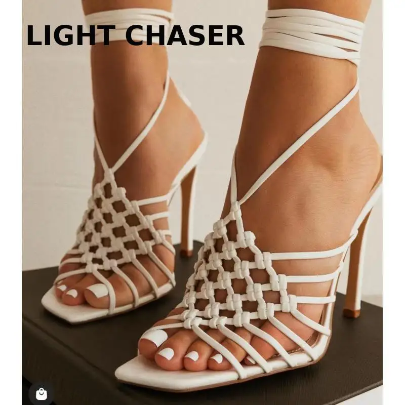 

Women's Leather Weave High Heel Shoes Summer Sandals Woman Square Head Strap High Heels Pumps Sandal Shoe Slippers Sexy Shoes