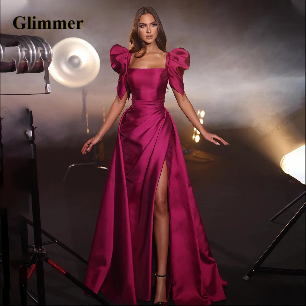 

Glimmer Special Occasion Dresses Square Neck for Women Saudi Arabric Puff Sleeve Charming Side Slit Abendkleider Drop Shipping