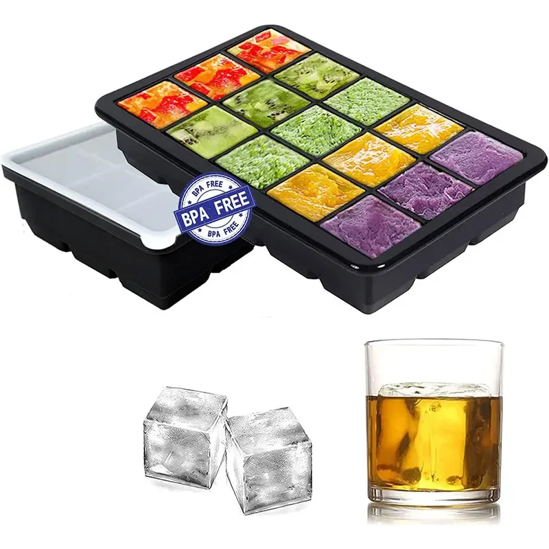 6/15 Grid Ice Cube Mold Big Square Flexible Silicone with Lid Stackable Freezer Container