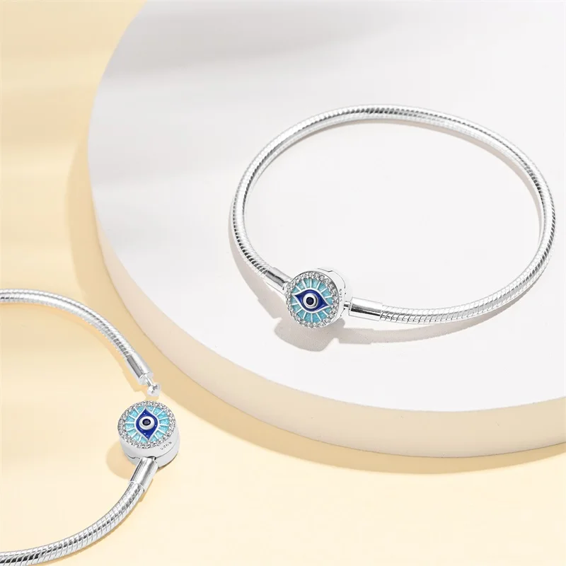 Silver 925 Original 17-20CM Blue Butterfly Octagonal Star Devil's Eye Bracelets For Women Fit DIY Charms Birthday Jewelry