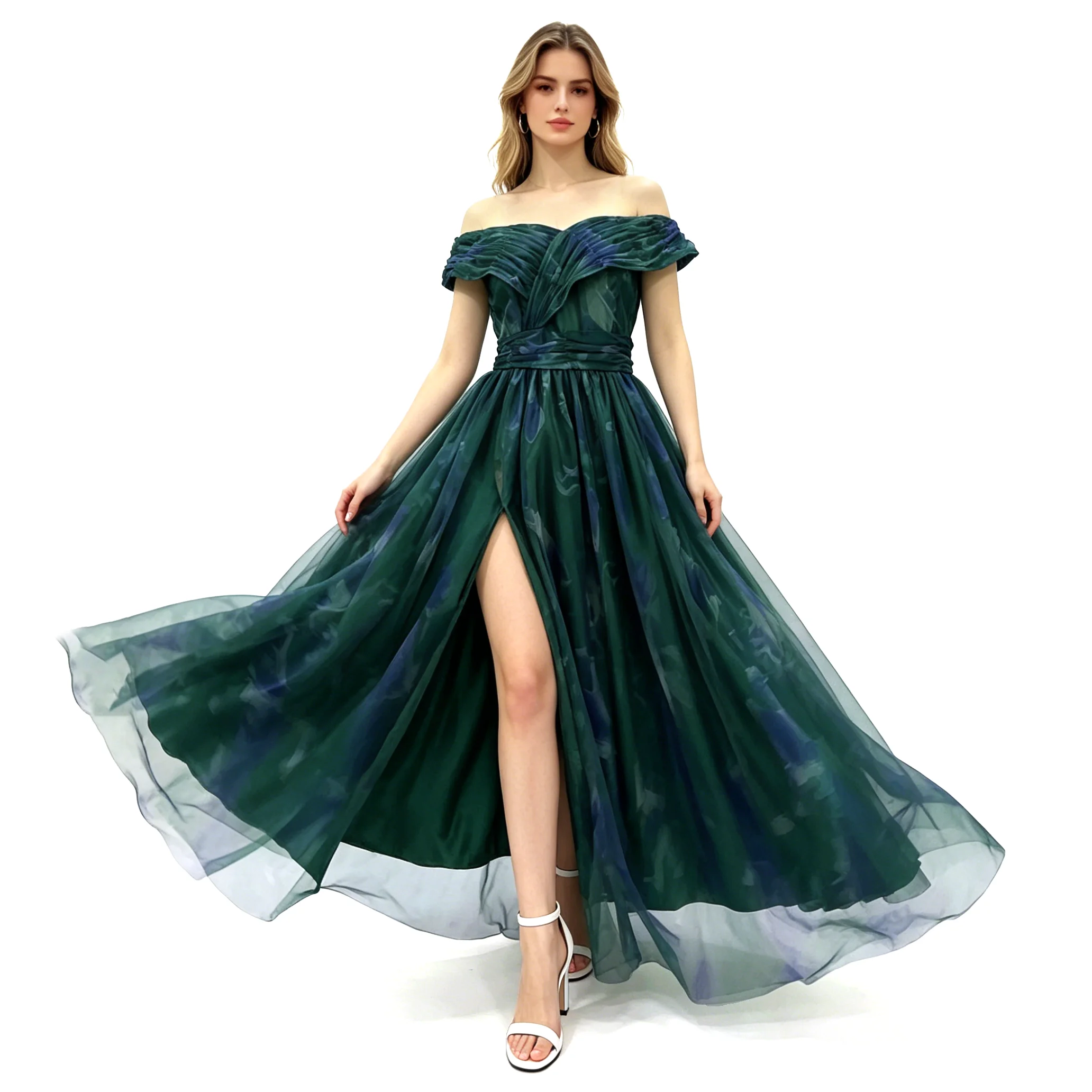 Elegante Abito da Sera per Donna, Vestito Lungo in Tulle Plissettato con Spalle Scoperte e Volant, Spacco Alto, Outfit Formale per Banchetti, Feste, Vacanze e Roleplay - Image 3