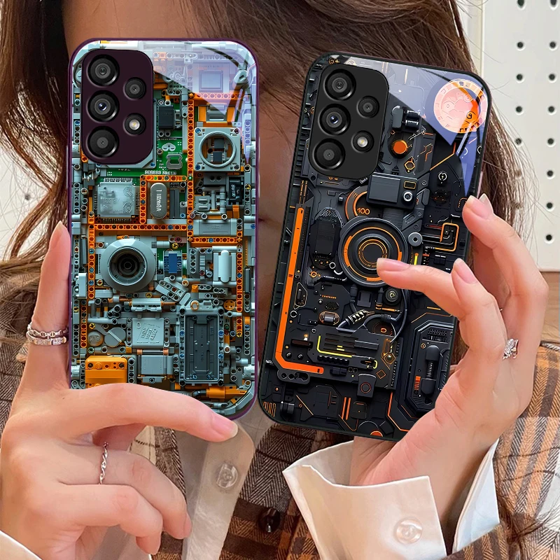 Luxury Black Mechanical Design Phone Case with Tempered Glass Cover