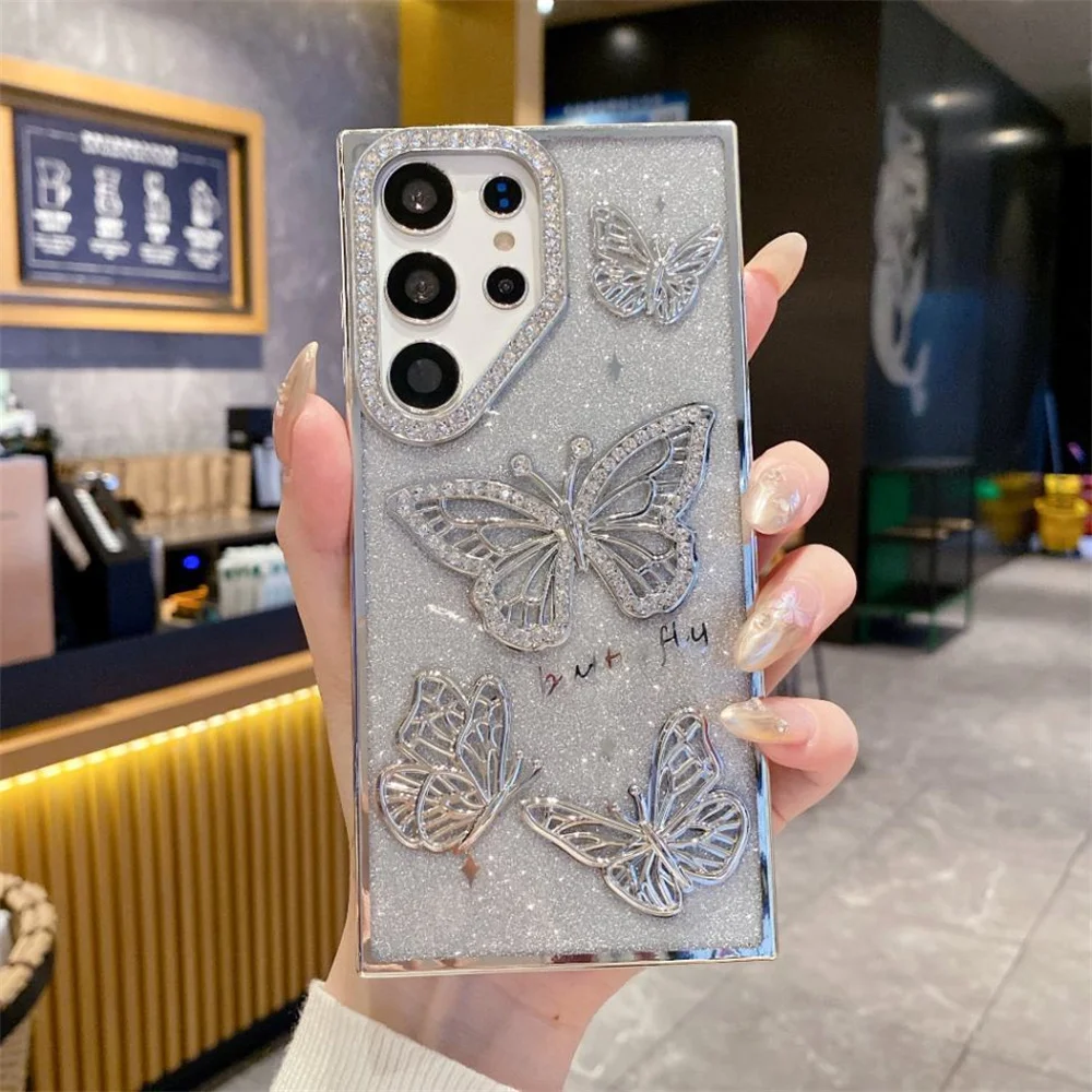 Cute Cartoon 3D Butterfly Diamond Glitter Gradient Phone Case with Plating Trim