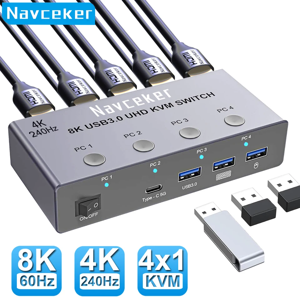 Navceker 4K 240Hz KVM Switch HDMI 4x1 8K KVM 4 PC Switcher 4 Port