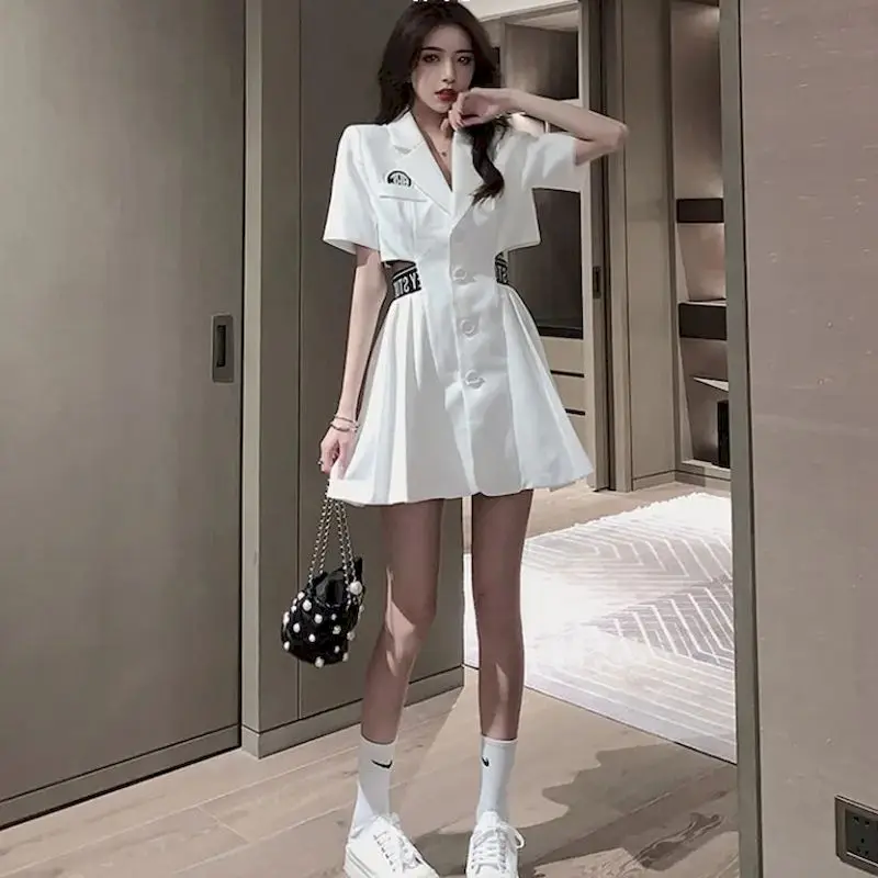 Summer Suit Jacket Dresses Women Waist Was Thin Reduced Age Pleated Skirt Temperament Pure Color Short Skirts Blazer Dress 2023