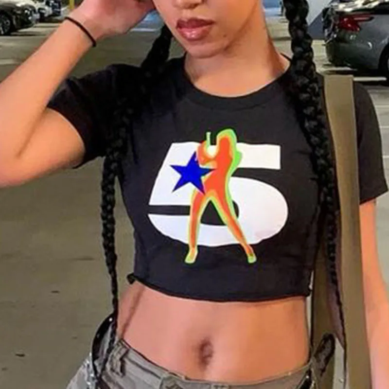 Y2K Summer Digital Printed Women's Top Street Trend Slim Fit Open Navel T-shirt for Women