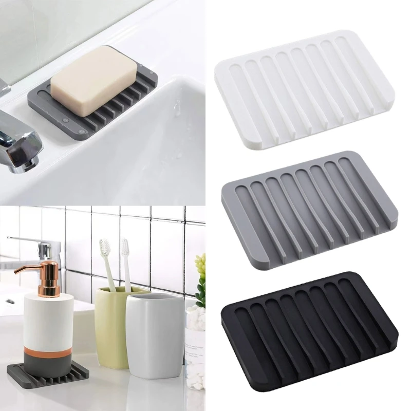 

2x Silicone Soap Dish with Drain for Shower Bathroom Bar Soap Holder Self Draining Waterfall Drying Tray Kitchen Sink
