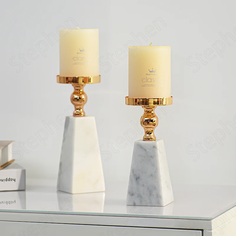 

Natural Marble White Candle Holders Modern Luxury Gold Candlestick Restaurant Table Decor Wedding Decoration Table Centerpieces