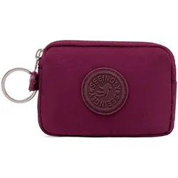 Compact Waterproof Double Layer Women's Wallet with Keychain and Nylon Zipper (Wine Red)