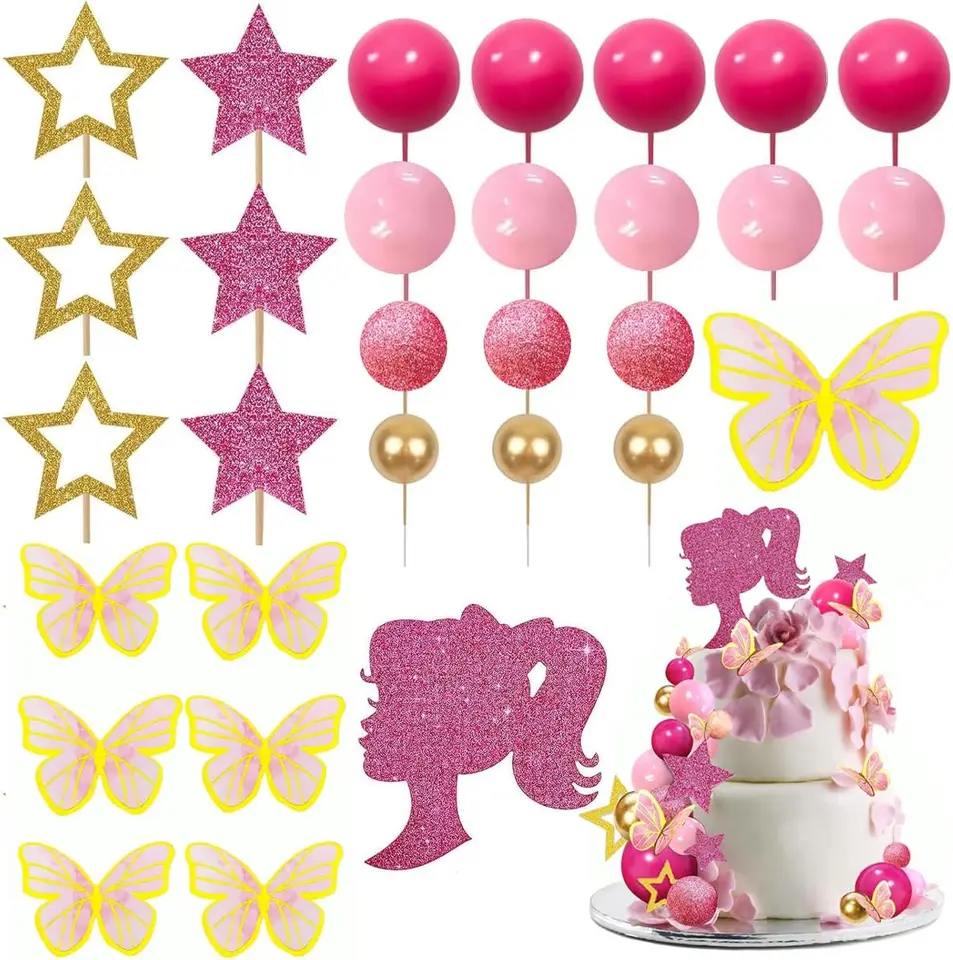 Hot Pink Girl Cake Topper Set - 47 Pcs Ball & Star Decorations For Princess Theme Birthday, Baby Shower, Wedding Party