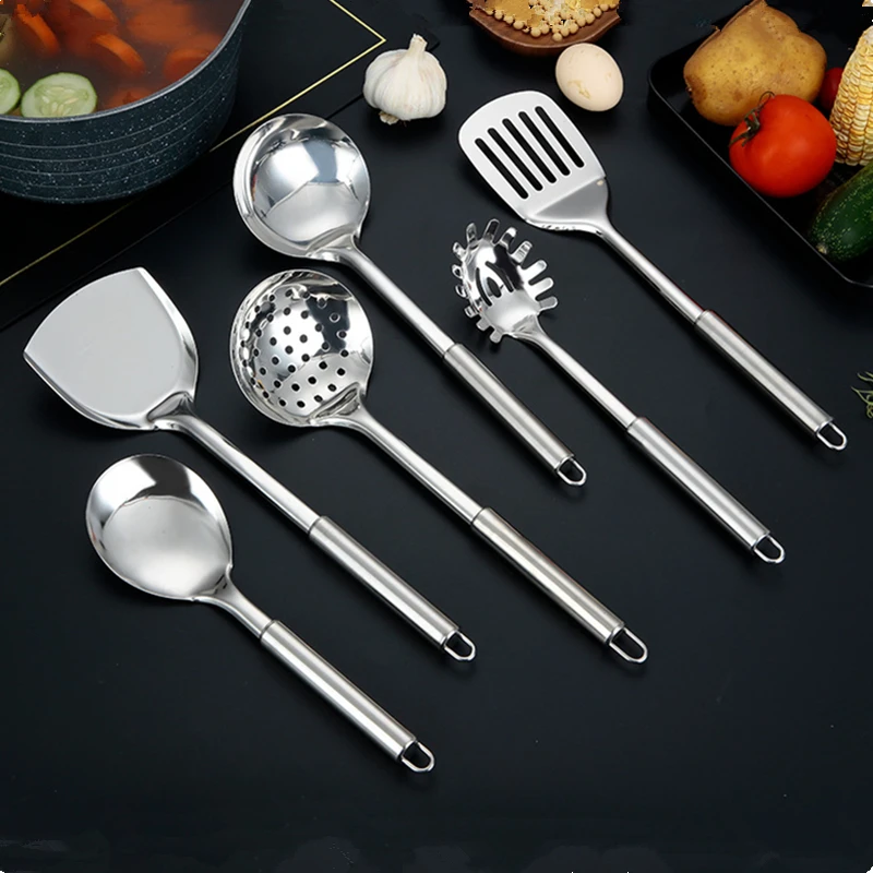 Modern Kitchen Stainless Steel Cooking Tool Set Frying Spatula Soup Spoon Long Handle BBQ Meat Fork Serving Colander Home Gadget kitchen utensils