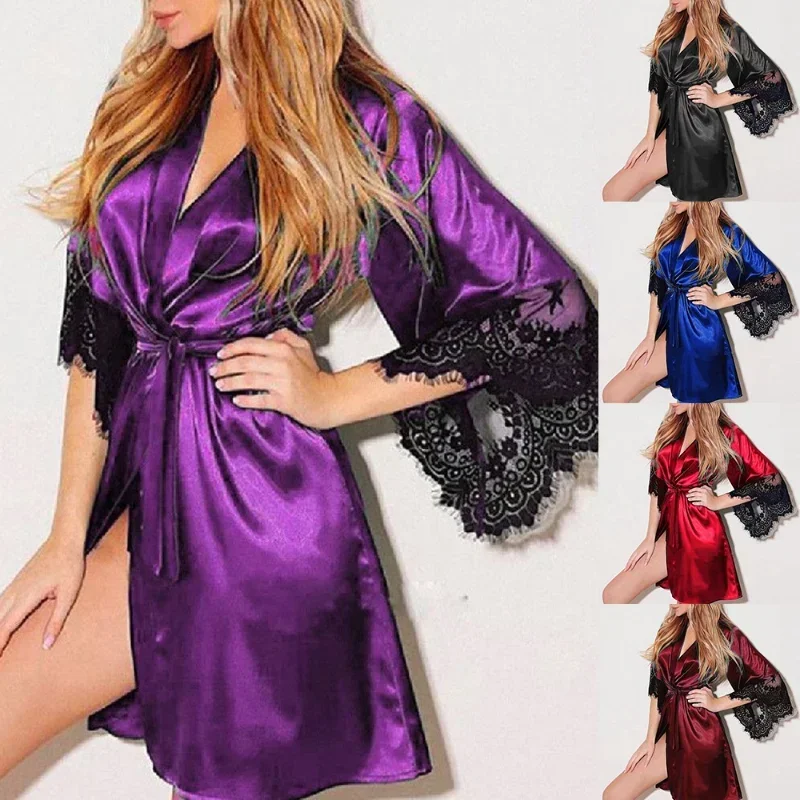 Women Sleepwear Women Dress Women Night Gown Robe with G String Floral Lace Bathrobe Halt Sleeve Nightdress Female French Sexy Silky Satin Sleepwear