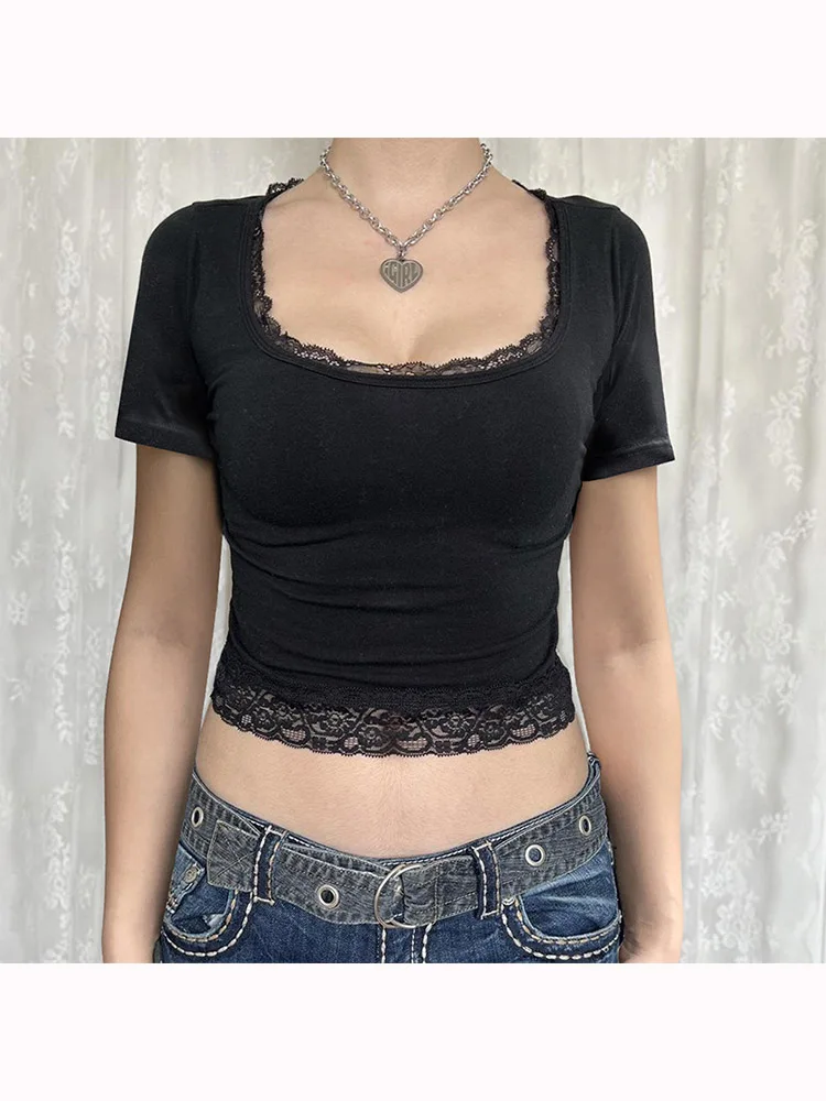 

Black Lace Stitched Crop Top Women Casual Short Sleeve Square Collar Slim T-shirts Summer Harajuku Solid Tees y2k Vintage