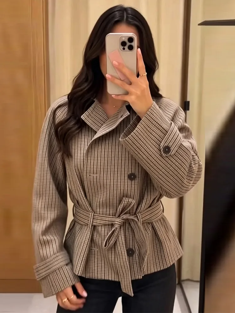 Plaid Windbreaker Grid Jacket Lapel Collar Double Breasted Trench Woman Coat Waist Tie Belt Long Sleeve Short Top Casual Clothes