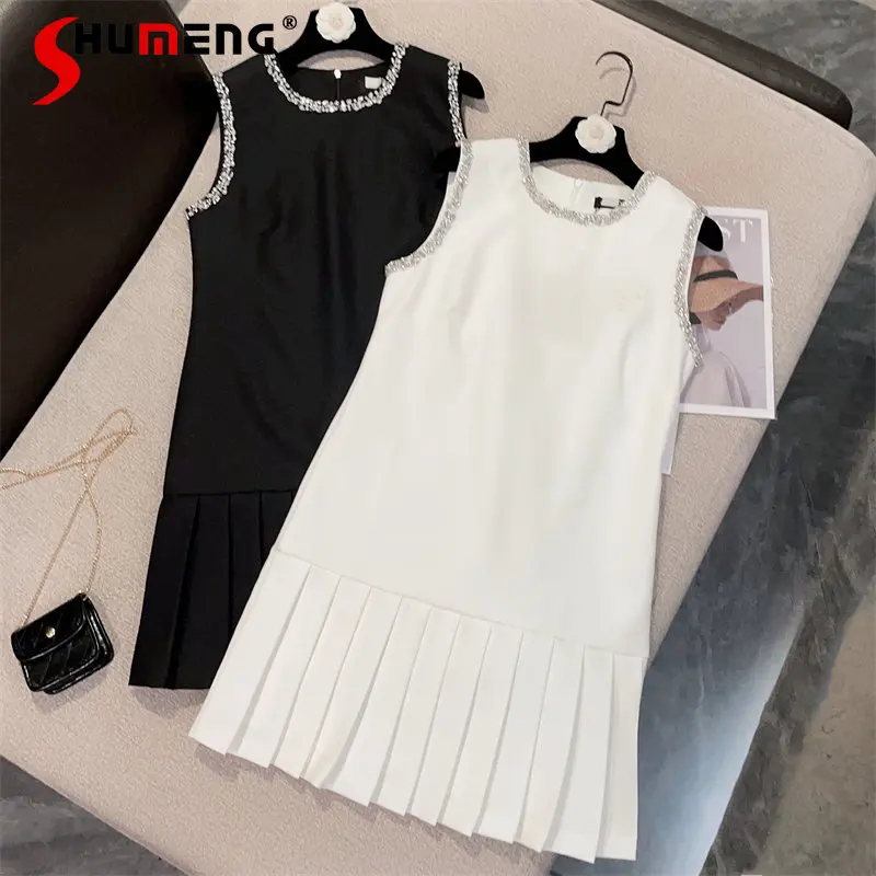 

Spring and Summer New Preppy Style Pleated Dress Shiny Diamond Sleeveless Tank Dress Female Elegant