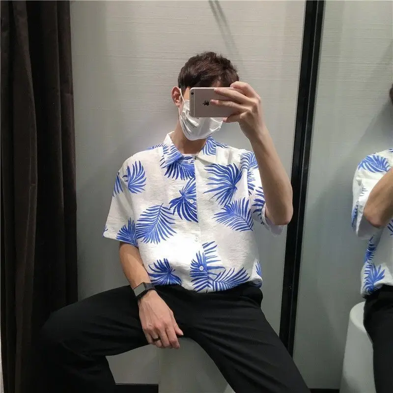 Elegant Fashion Harajuku Slim Fit Male Clothes Loose Casual All Match Shirt Pointed Collar Printed Button Short Sleeve Blusa