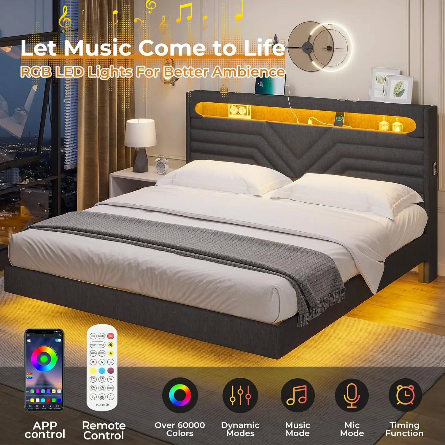 

Queen Floating Bed Frame with Storage Headboard & LED Lights, Upholstered Platform Bed Frame Queen Size