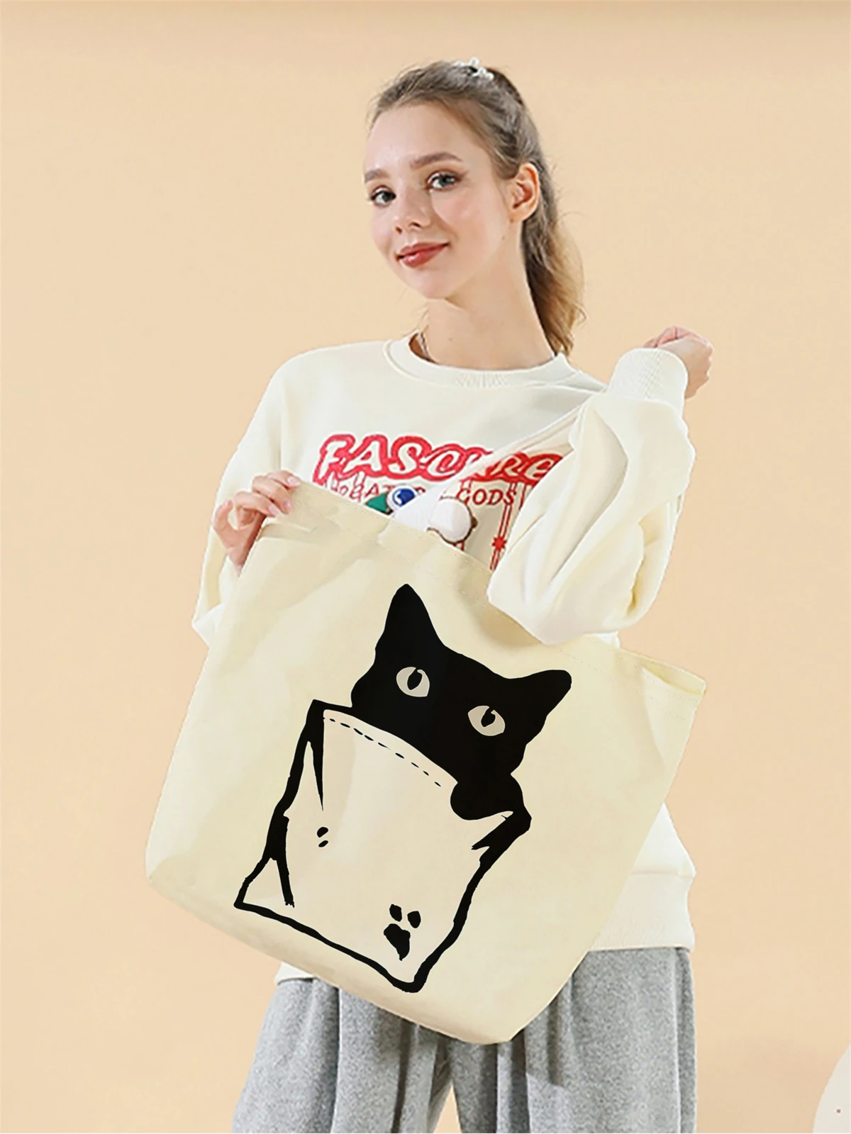1pc,small black cat handbag, reusable fashionable handbag, multifunctional handbag, printed canvas shopping bag