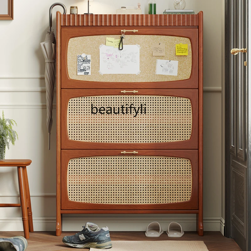 

Vintage Shoe Cabinet Household Hallway Integrated Wall Cherrywood Rattan Ultra-Thin Solid Wood Tilting Shoe Cabinet