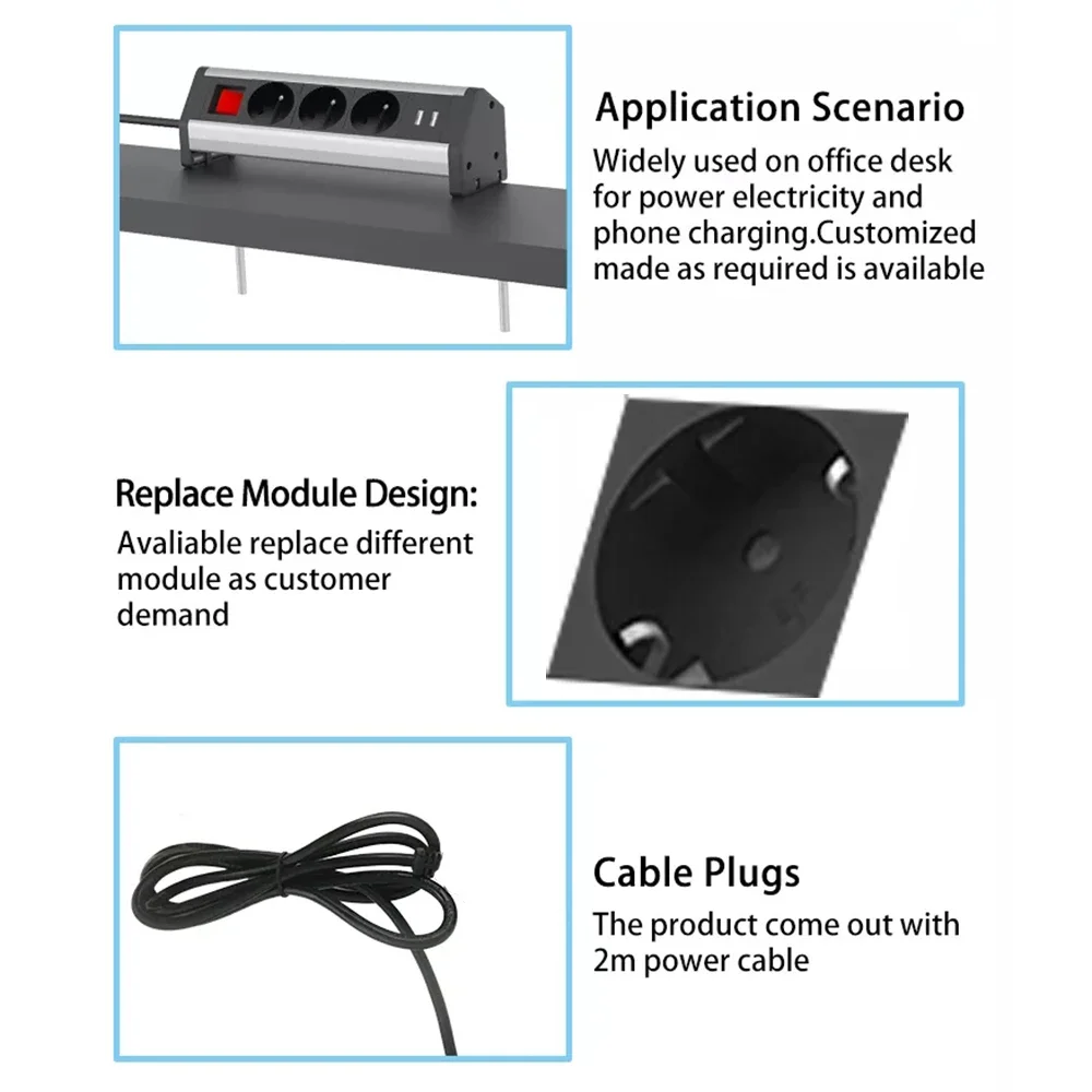 Melery Tabletop Socket 3Ways Electrical Plugs Sockets Clamp on Conference Table EU Plug Outlets USB Port for Germany Home Office