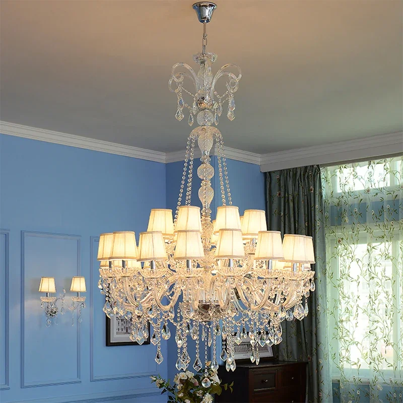 

Large Living Room Crystal Chandelier Staircase Hall Big Foyer Hanging Lamps Luxury Mounted Dining Room LED Candle Pendant Lights