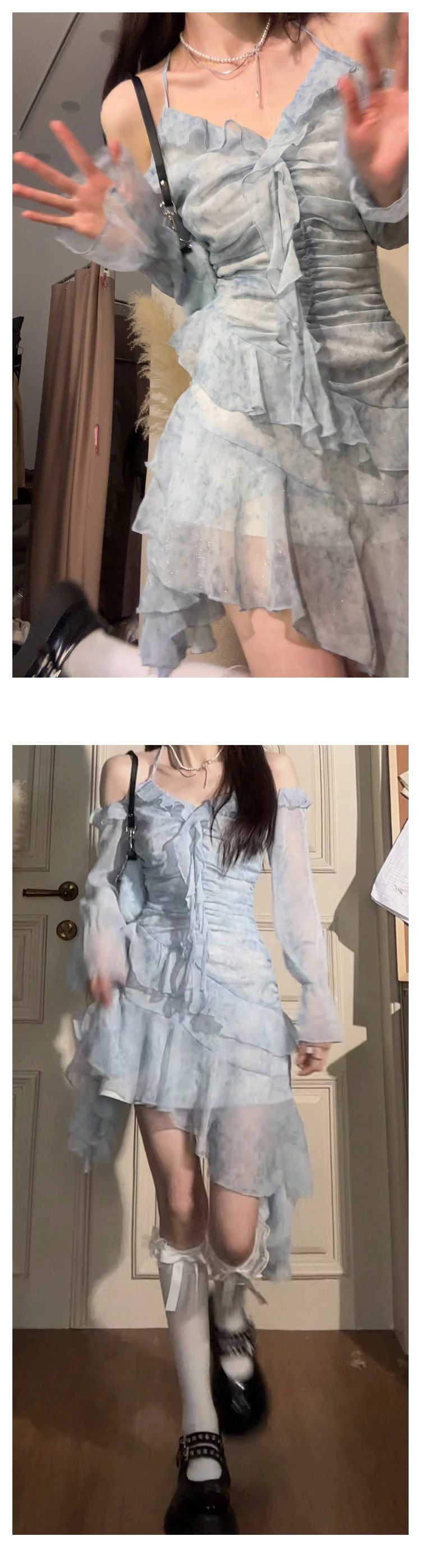 Y2K Ruffles Irregular Short Dress Women Summer New Tie Dye Flare Sleeves Spring Elegant Party Dress Prom Robe Halter Vestidos