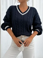Striped trimmed twisted flower knitted shoulder sweater