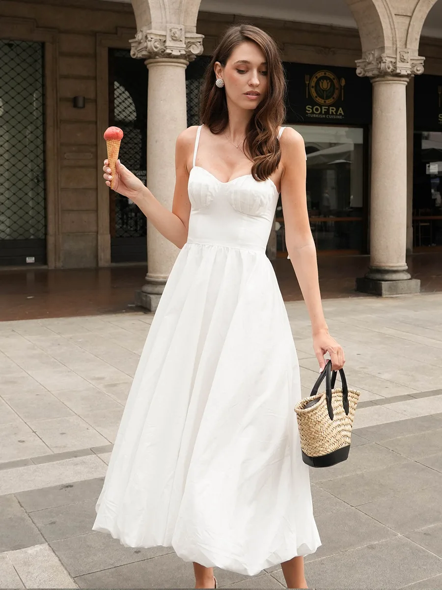 Bornladies Cotton Suspender Balloon Sleeveless Dress Summer Waist Cinching Bubble Big Swing Dress White Dress For Women