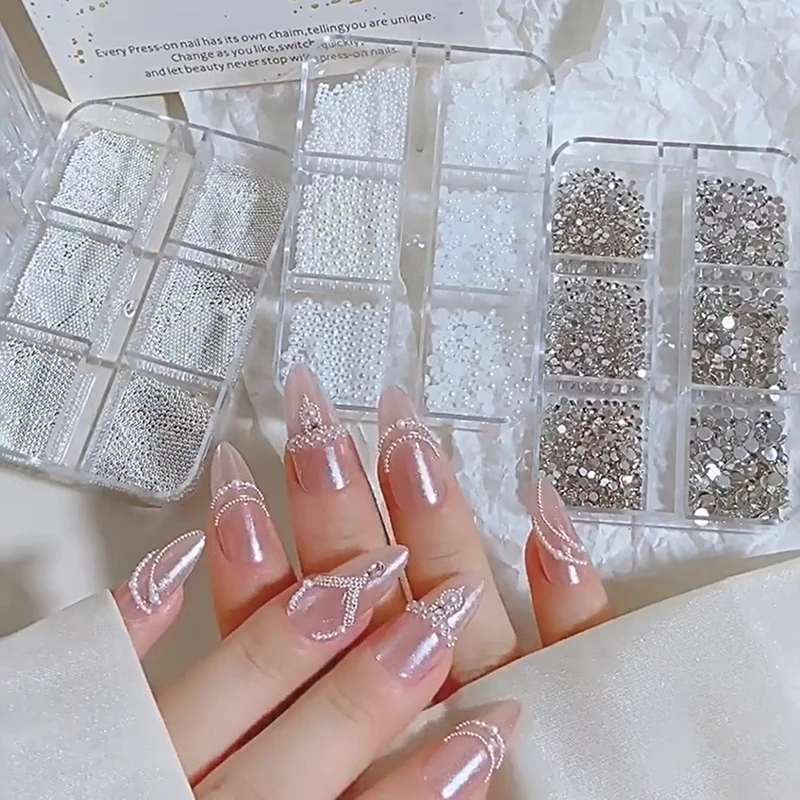 6 그리드 미니 진주 네일 비즈 0.6-2mm 실버 스테인레스 비즈 쥬얼리 금속 작은 공 DIY 매력 액세서리 매니큐어 장식