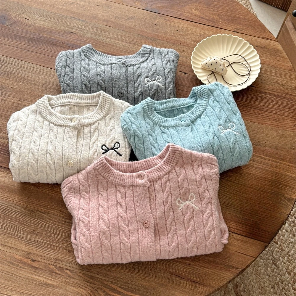  소녀 가을 겨울 스웨터 키즈 보우 매듭 가디건 솔리드 컬러 니트 스웨터 봄 어린이 패션 의류