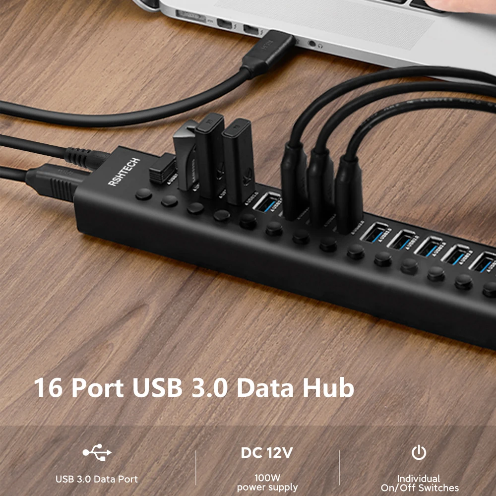 RSHTECH 100W Powered USB 3.0 Hub 16 Port Expander 5Gbps USB Splitter with Switches Power Adapter for Laptop Accessories MacBook 4